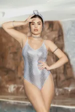 Maillot de bain triangle argenté effet cuir pour femme, dos nu, bretelles et détails en corde HZL24S-AR1835-25