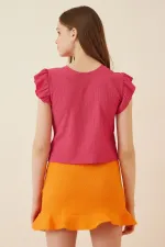 Kadın Koyu Pembe Fırfır Kollu Zincir Kolyeli Örme Bluz HZL22S-BD104301