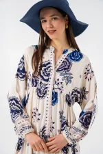 Kadın Desenli Uzun Tesettür Elbise 2585 - B.Lacivert