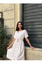 Kadın Krem Kemerli Düğmeli Yazlık Keten Viskon Elbise HZL23S-BD123891