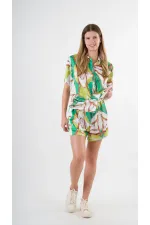 Kadın Fıstık Yeşili Desenli Şort Gömlek Alt Üst Takım  HZL24S-YY226