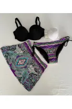 Kadın Siyah Taş İşlemeli Desenli 3 Parça Etekli Bikini Takım HZL25S-LC3326