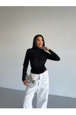 Kadın Siyah Uzun Kollu Drape Detaylı Boğazlı Sandy Bluz HZL25W-FRY123301