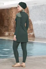 Kadın Tesettür Haki Uzun Kollu Boneli Tam Kapalı Önü Fırfırlı Taytlı Elbise Mayo HZL24S-AR1262-29