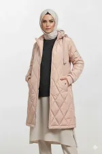 Women's Cream Long Quilted Lined Puffer Hijab Coat HZL25W-BD151381