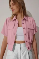 Women's Dusty Rose Pocket Buttoned Short Sleeve Summer Crop Shirt Jacket HZL22S-BD106631