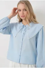 Kadın Açık Mavi Bebe Yaka Düğmeli Şık Günlük Gömlek HZL26S-BD1203141