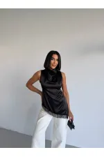 Women's Black Halter Neck Asymmetrical Cut Fringe Detail Satin Blouse HZL26S-FRY123911