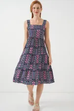 Robe midi à bretelles à motifs pour femme 2577 - Bleu marine