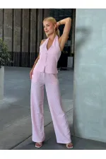 Kadın Pembe Çizgili Önü Fermuarlı Bluz Pantolon İkili Takım HZL25S-ZK13691