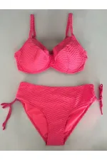 Kadın Canlı Pembe Desenli Büyük Beden Astarlı Bikini Takım HZL25S-LC4004