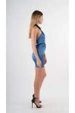 Kadın Mavi Halter Yaka Saten Kumaş Sırt Dekolteli Mini Elbise HZL24S-YY262