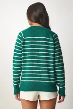 Pull rayé vert persan clair à manches ballon et col boutonné pour femme HZL23W-BD1101491