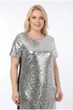 Kadın Gümüş Büyük Beden Payetli Uzun Abiye Elbise Şık Elbise HZL26S-PR11111