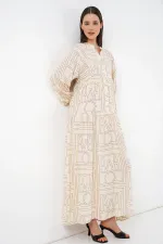Kadın Desenli Uzun Tesettür Elbise 2585 - Düz Krem