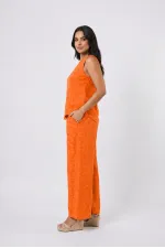 Women's Orange Linen Textured Relaxed Fit Top and Bottom Set HZL26S-VL15141 Women's Orange Linen Textured Relaxed Fit Top and Bottom Set HZL26S-VL15141