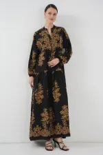 Black Gold Patterned Hijab Dress 2423