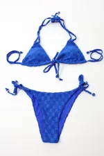 Kadın Saks Mavisi  İp Bağlamalı Aksesuarlı Astarlı Yüksek Bel Üçgen Bikini Takım HZL24S-LC2229