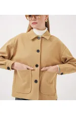 Kadın Camel Düğmeli Cepli Kısa Kaşe Ceket HZL25W-BD107131