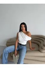 Kadın Beyaz Yandan Drapeli Kayık Yaka Sandy Bluz HZL25S-FRY123201