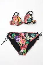 Women's Black Leaf Patterned Strappy High Waist Shapewear Bikini Set HZL24S-LC22625