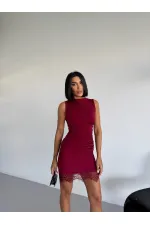 Women's Burgundy Sleeveless Lace Detail Sandy Mini Dress HZL26S-FRY123921 Women's Burgundy Sleeveless Lace Detail Sandy Mini Dress HZL26S-FRY123921