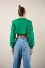 Sweat-shirt court basique vert à manches longues et col ras du cou pour femme HZL24W-ZK11351