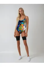 Maillot de bain femme bleu marine à motif feuilles tropicales HZL25S-LC0046
