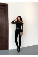 Kadın Siyah Tül Garnili Uzun Kol Şık Rahat Bluz HZL25W-FRY123541