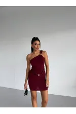 Women's Burgundy One-Shoulder Sandy Mini Dress with Gold Accessories HZL26W-FRY123781