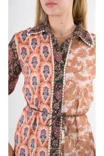 Kadın Kahverengi Sarı İp Kemerli Küpürlü Gömlek Görünümlü Elbise HZL24S-YY237