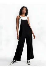 Kadın Siyah Ayarlanabilir Askılı Cepli Bol Paça Bahçıvan Tulum HZL22S-BD170191