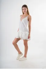 Kadın Ekru V Yaka İp Askılı Eteği Pileli Güpür Detaylı Elbise HZL24S-YY244