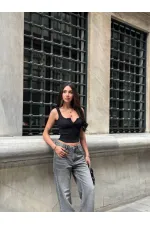 Kadın Siyah Önü Çıt Çıt Kapamalı Crop HZL25S-ZK11671