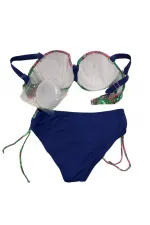 Kadın Yeşil Çiçek Desenli Büyük Beden Astarlı Lacivert Bikini Takım HZL25S-LC3301