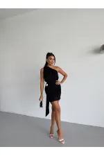 Robe courte noire asymétrique à boucle pour femme, en tissu drapé couleur sable, HZL26S-FRY123881