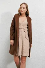 Manteau élégant en cachemire doublé, couleur chocolat, à un bouton et double poche, pour femme HZL23W-BD190851