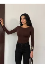 Kadın Kahverengi Sırtı Açık Fiyonk Bağlamalı Uzun Kol Bluz HZL25W-FRY123661