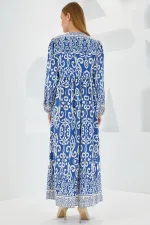 Robe longue en viscose à motifs indigo et écru pour femme, 1947