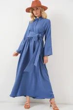 Robe en lin à nouer sur le devant pour femme 2574 - Indigo