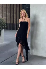 Kadın Siyah Boyundan Bağlamalı Straplez Asimetrik Astarlı Dantel Elbise HZL25S-ZK13671