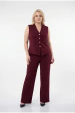 Kadın Bordo Büyük Beden V Yaka Yelek Pantolon İkili Takım HZL26S-PR12131
