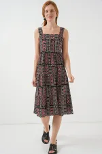 Robe midi à bretelles à motifs pour femme 2577 - Noire