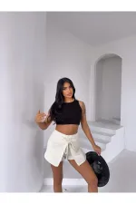 Kadın Açık Krem Bağlama Detay Müslin Şort HZL25S-DSB2323