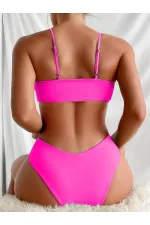 Kadın Neon Pembe İp Detaylı Astarlı V Kesim Üçgen Bikini Takım HZL24S-LC2234