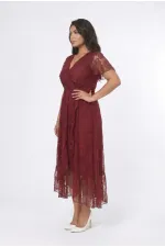 Kadın Bordo Büyük Beden V Yaka Astarlı Dantel Detaylı Şık Abiye Elbise HZL26S-PR11071
