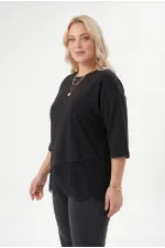 Women's Black Plus Size Crew Neck Short Sleeve T-Shirt with Tulle Detail HZL26S-ZSS19521 Women's Black Plus Size Crew Neck Short Sleeve T-Shirt with Tulle Detail HZL26S-ZSS19521