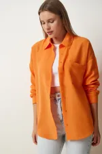 Kadın Oranj Tek Cepli Oversize Keten Ayrobin Gömlek HZL24S-BD1201531