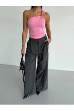 Kadın Pembe Tek Omuz Gold Metal Detaylı Sandy Bluz HZL26S-FRY123821