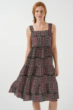 Robe midi à bretelles à motifs pour femme 2577 - Noire